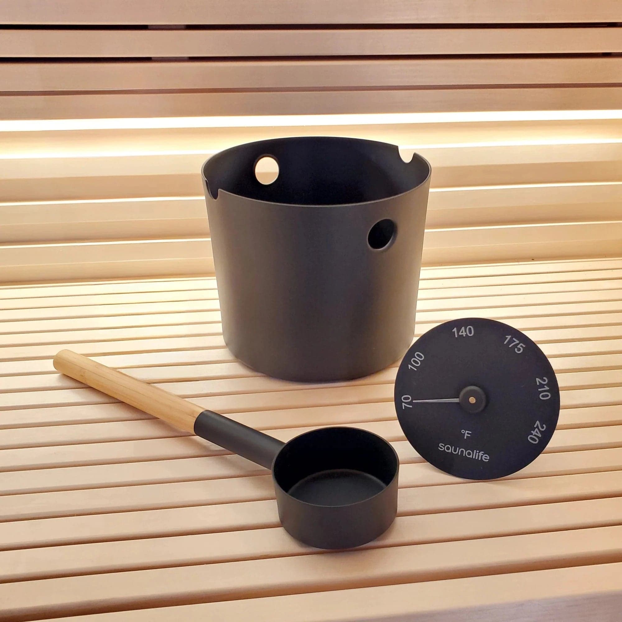SaunaLife Accessory Package 6, Aluminum 1-Gallon Sauna Bucket Set with Wood Ladle and Thermometer — photo 1