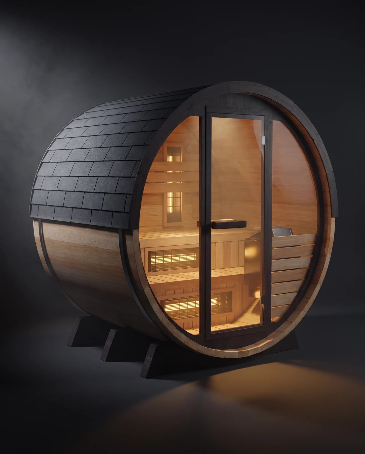 Finnmark FD-7 Outdoor Hybrid Infrared and Traditional 4-Person Thermo-Aspen Barrel Sauna, studio photograph