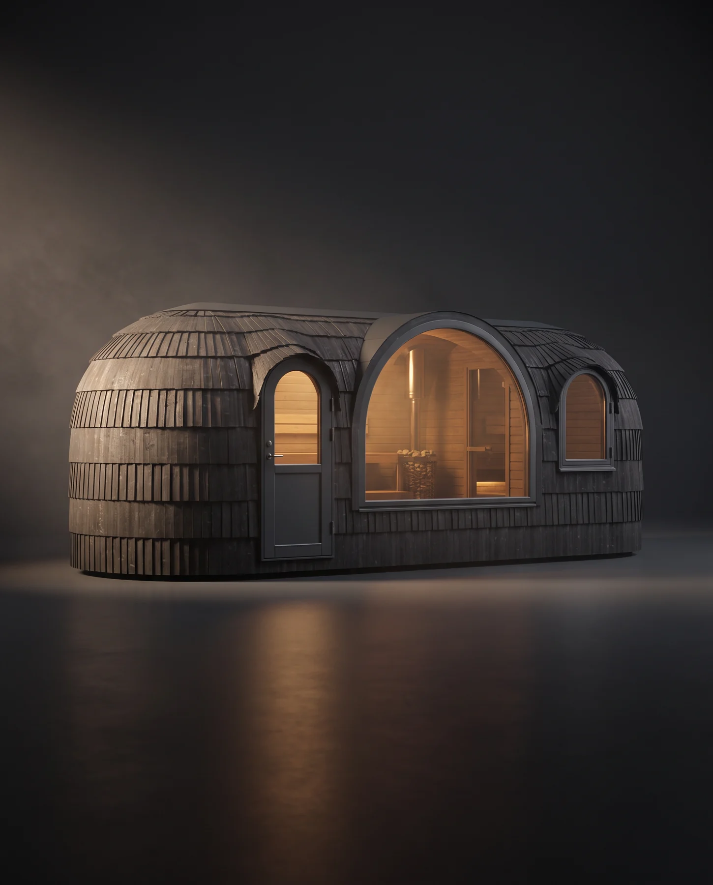 Iglucraft Panoramic Iglusauna Pre-Assembled Two-Room 4-6 Person Luxury Outdoor Sauna w/ Panoramic Window, studio photograph