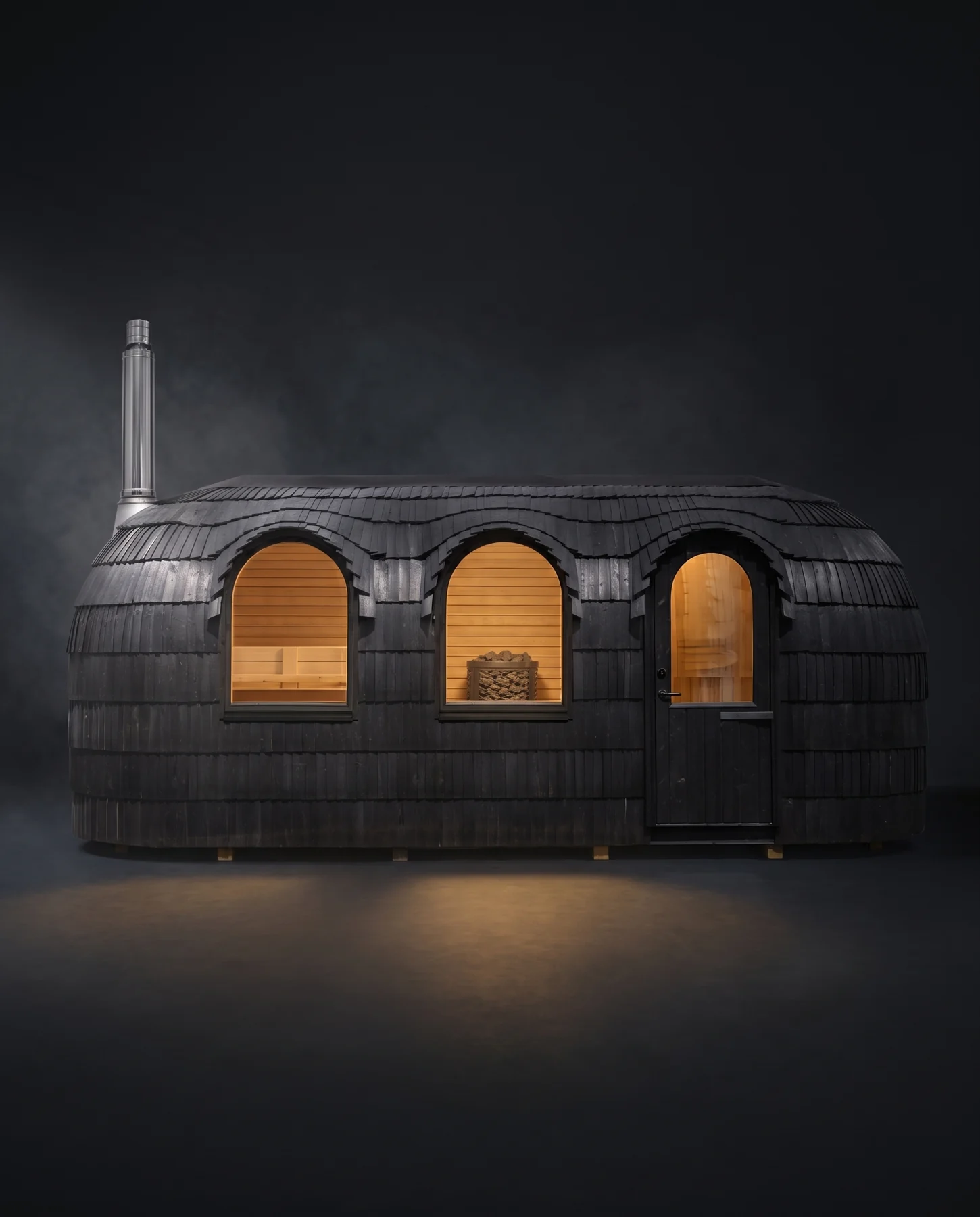Iglucraft Triple Iglusauna Pre-Assembled Three-Room 4-6 Person Luxury Outdoor Sauna Cabin, studio photograph