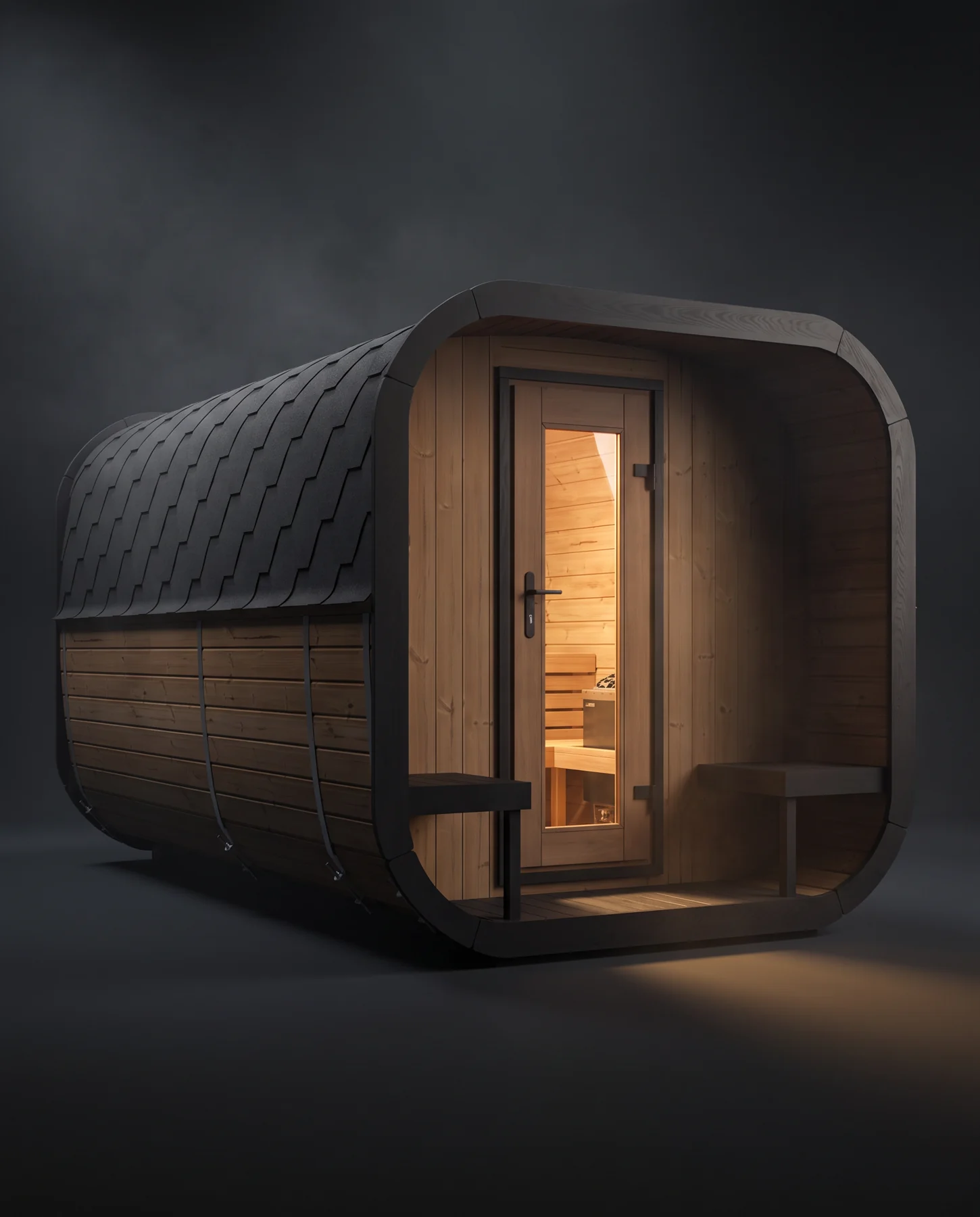 SaunaLife Model CL12GCP 8 Person Cube Series Luxury Outdoor Sauna Kit with Changeroom, studio photograph
