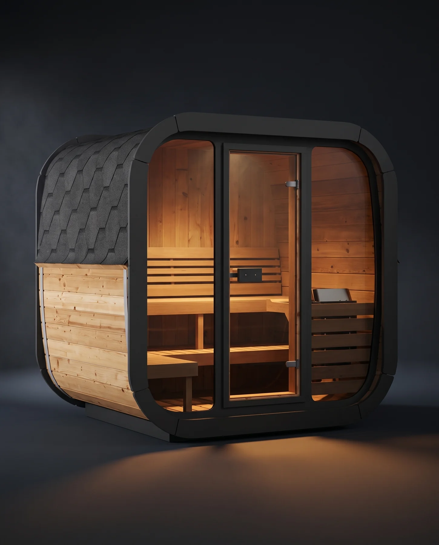 SaunaLife Model CL5G 4 Person Cube Series Outdoor Sauna Kit, studio photograph
