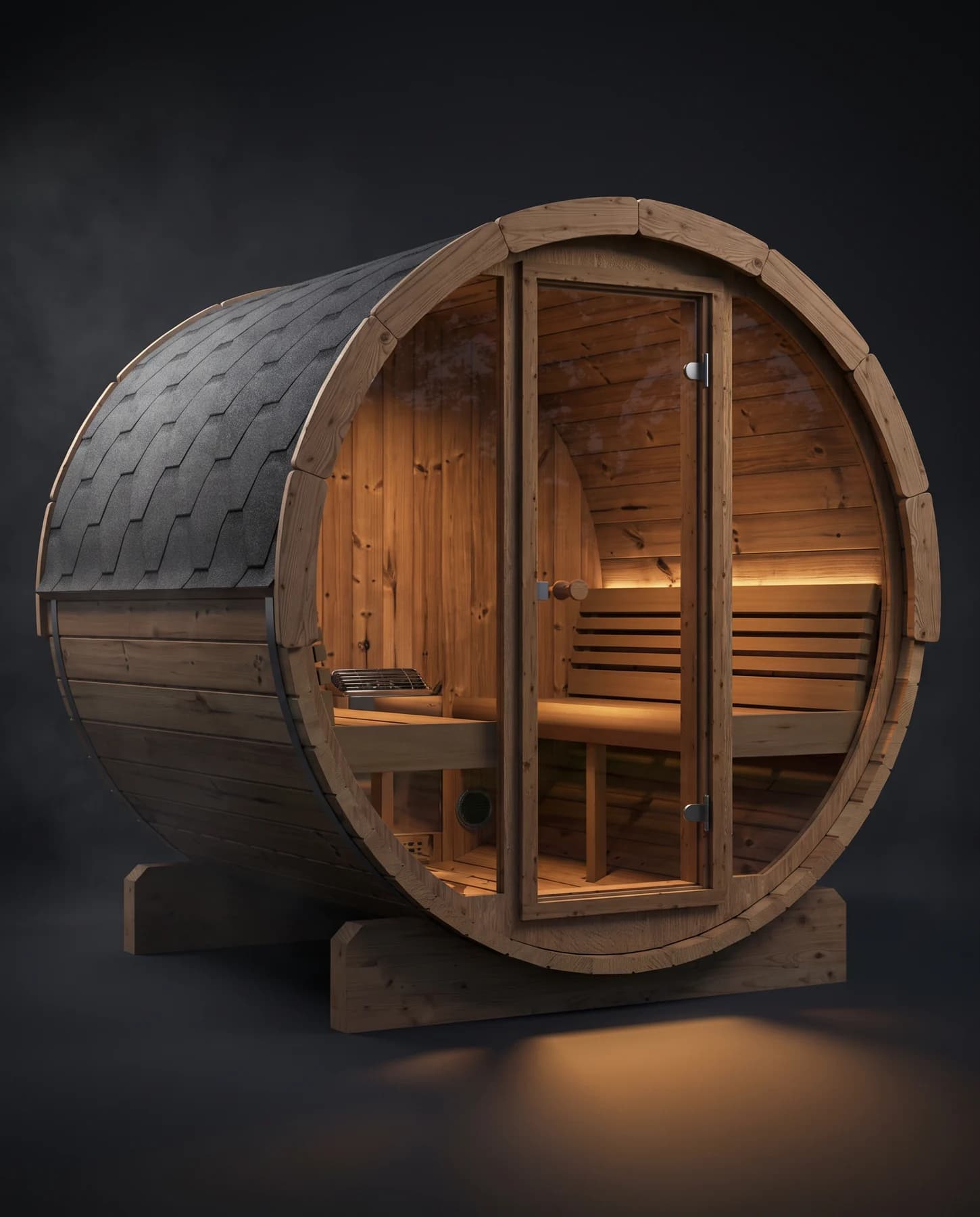 SaunaLife Model E7G 4 Person Barrel Sauna w/ Glass Front, studio photograph