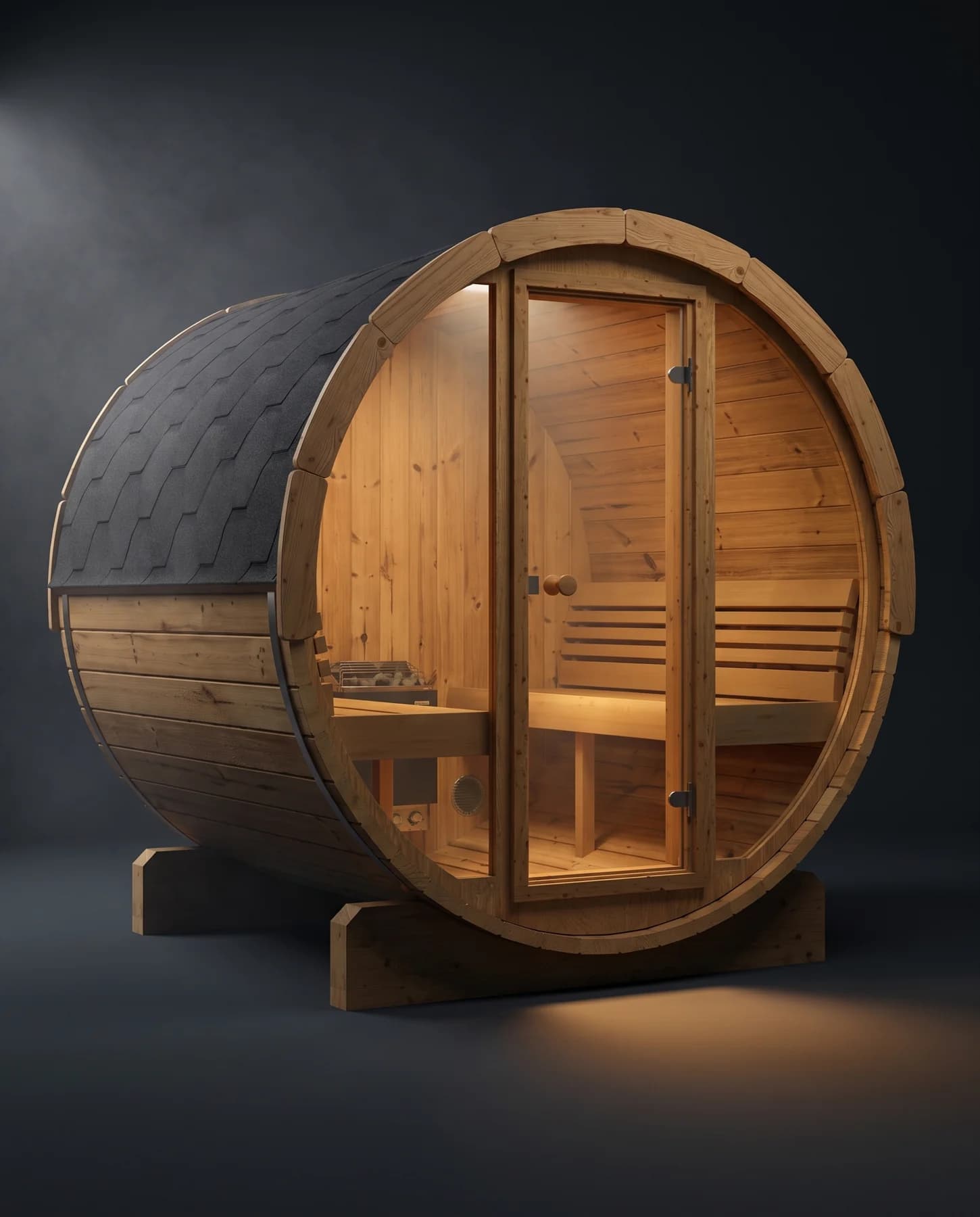 SaunaLife Model E8G 6 Person Barrel Sauna w/ Glass Front, studio photograph