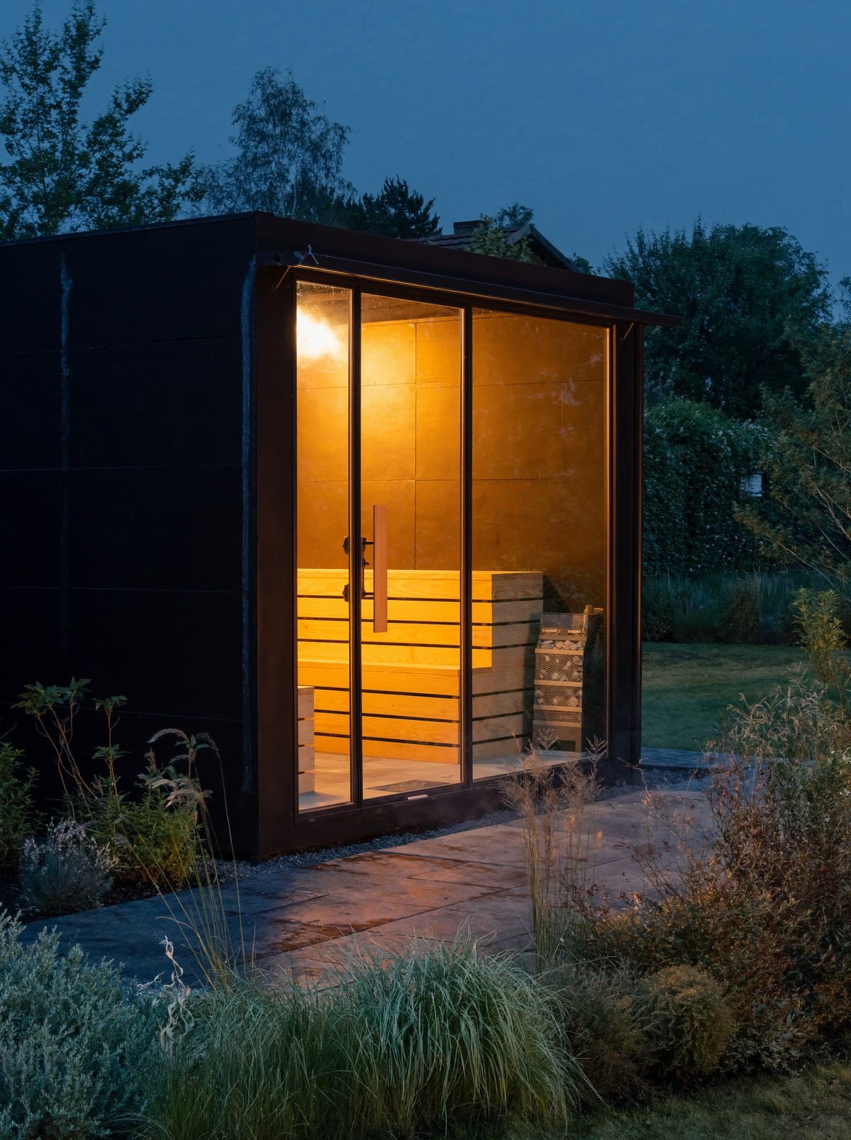 A black outdoor sauna cabin lit from within, at dusk in a Northern California garden