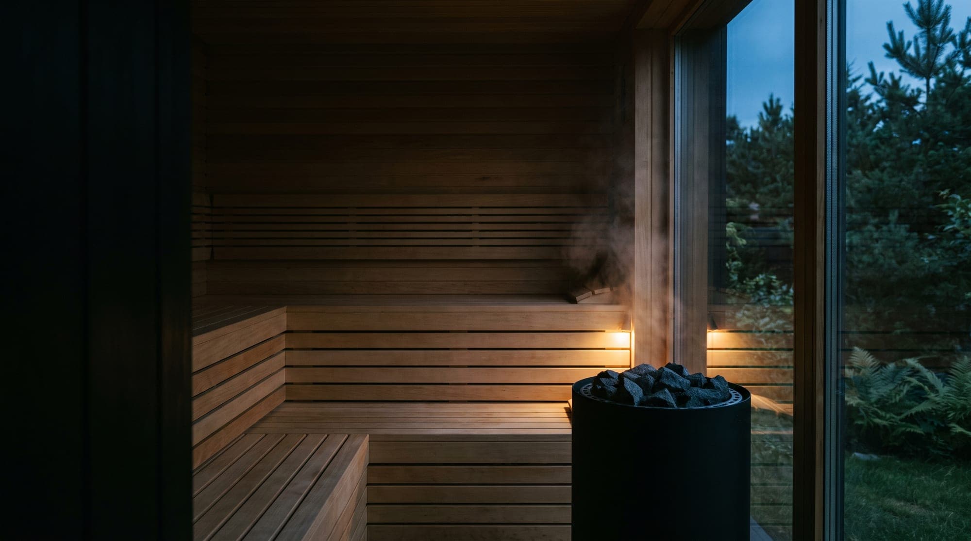 The inside of a finished sauna at dusk