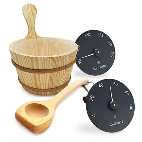 SaunaLife Wooden 1-Gallon Sauna Bucket, Wood Ladle, Thermometer, Hygrometer, Black ACCPKG-3 — photo 1