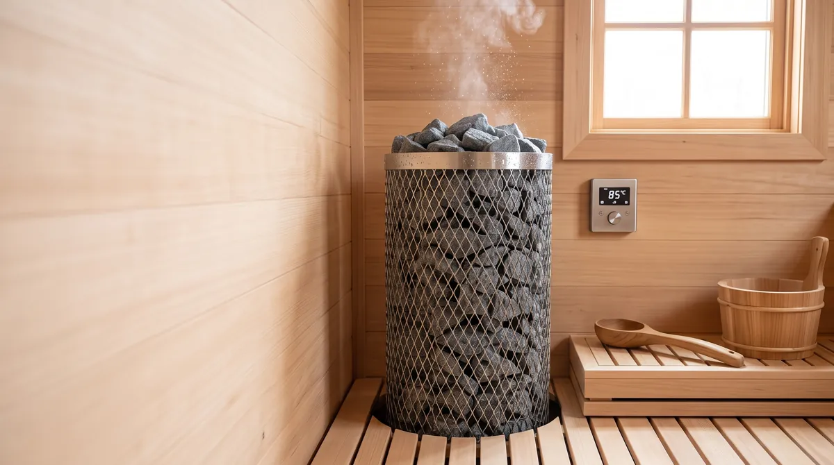 Cylindrical electric sauna heater full of grey stones
