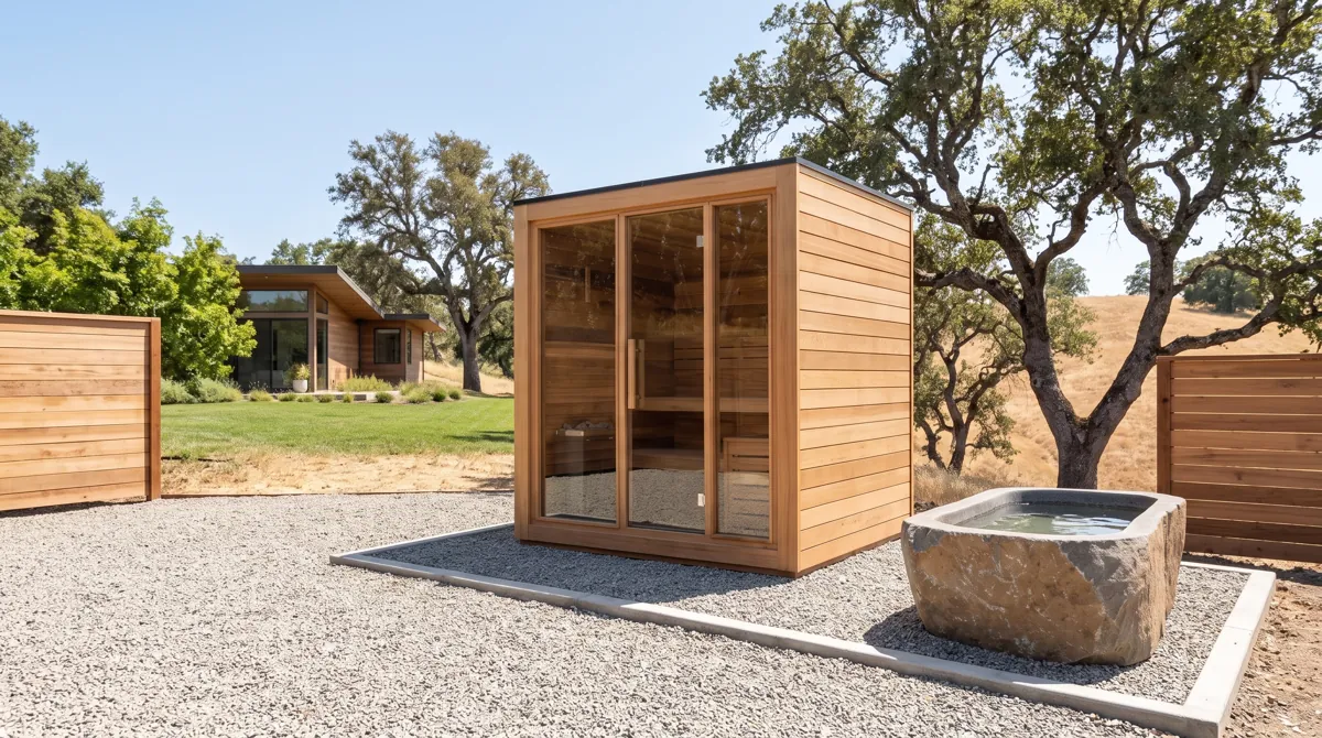 Cedar outdoor sauna cabin on a gravel pad in a sunny backyard