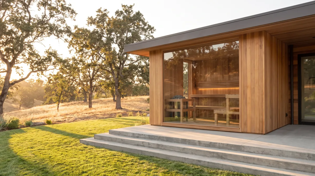 Cedar sauna built as a glass-fronted extension of a modern house
