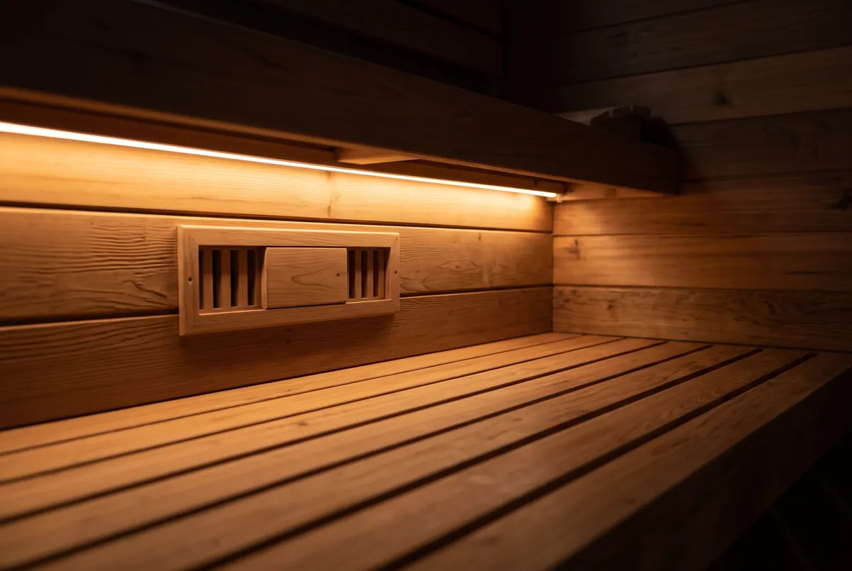 Warm light under a cedar bench beside a wooden vent grille