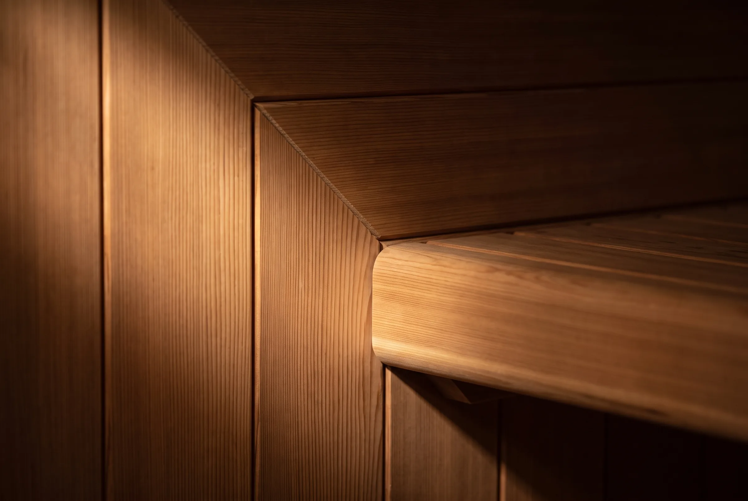 Mitred corner of vertical-grain cedar tongue-and-groove boards in raking light