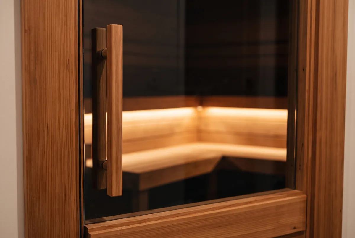 Frameless glass sauna door with a long cedar handle