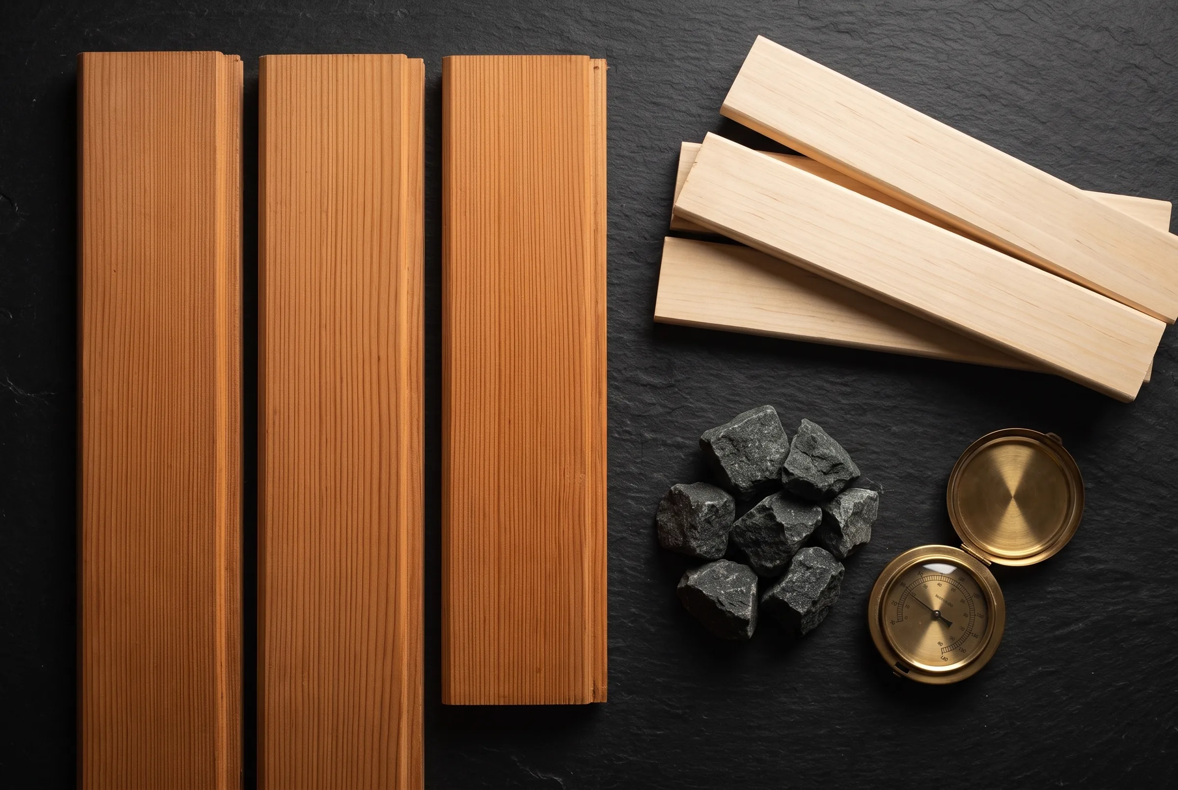 Cedar boards, aspen slats, sauna stones and a brass thermometer on slate