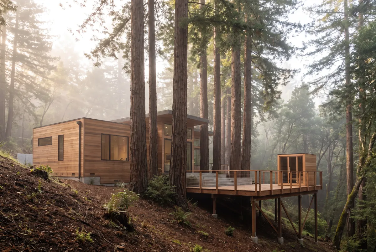 Hillside home among redwoods with a sauna at the end of the deck