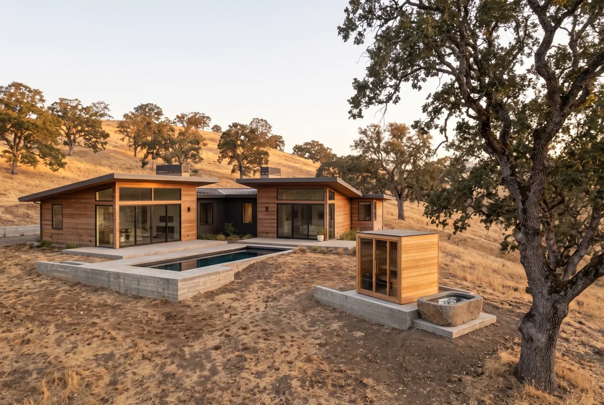 Modern Northern California home with a sauna cabin by the pool