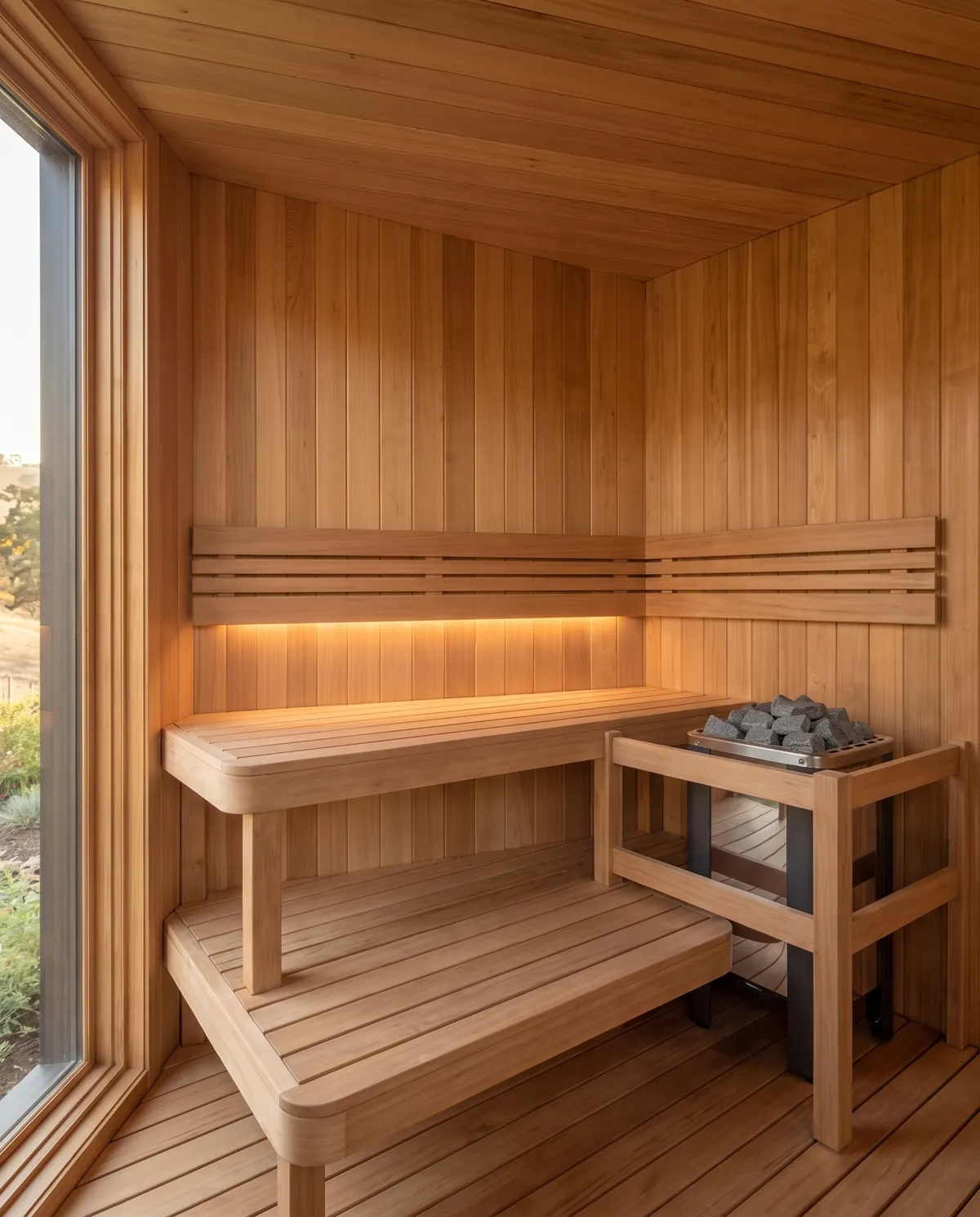 Two-tier cedar benches with a hidden light under the upper bench