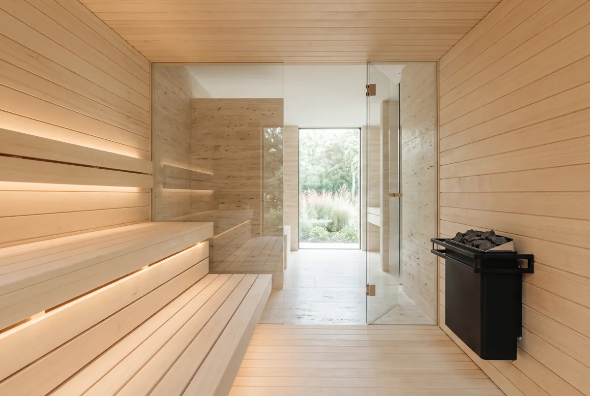 Pale spruce sauna with floating benches and linear light, glass wall onto a travertine bathroom