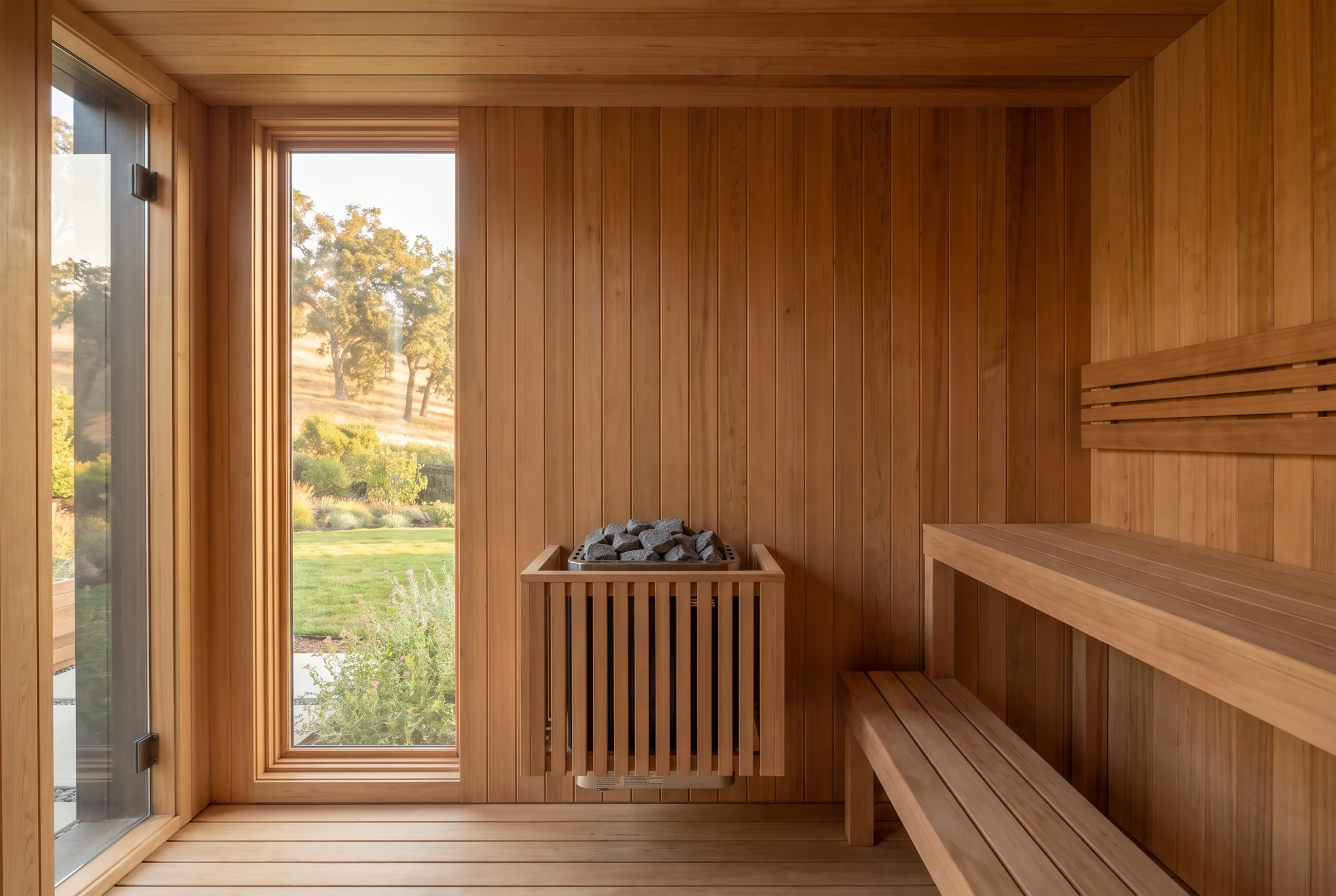 Cedar sauna interior with a tall window onto a garden of oaks