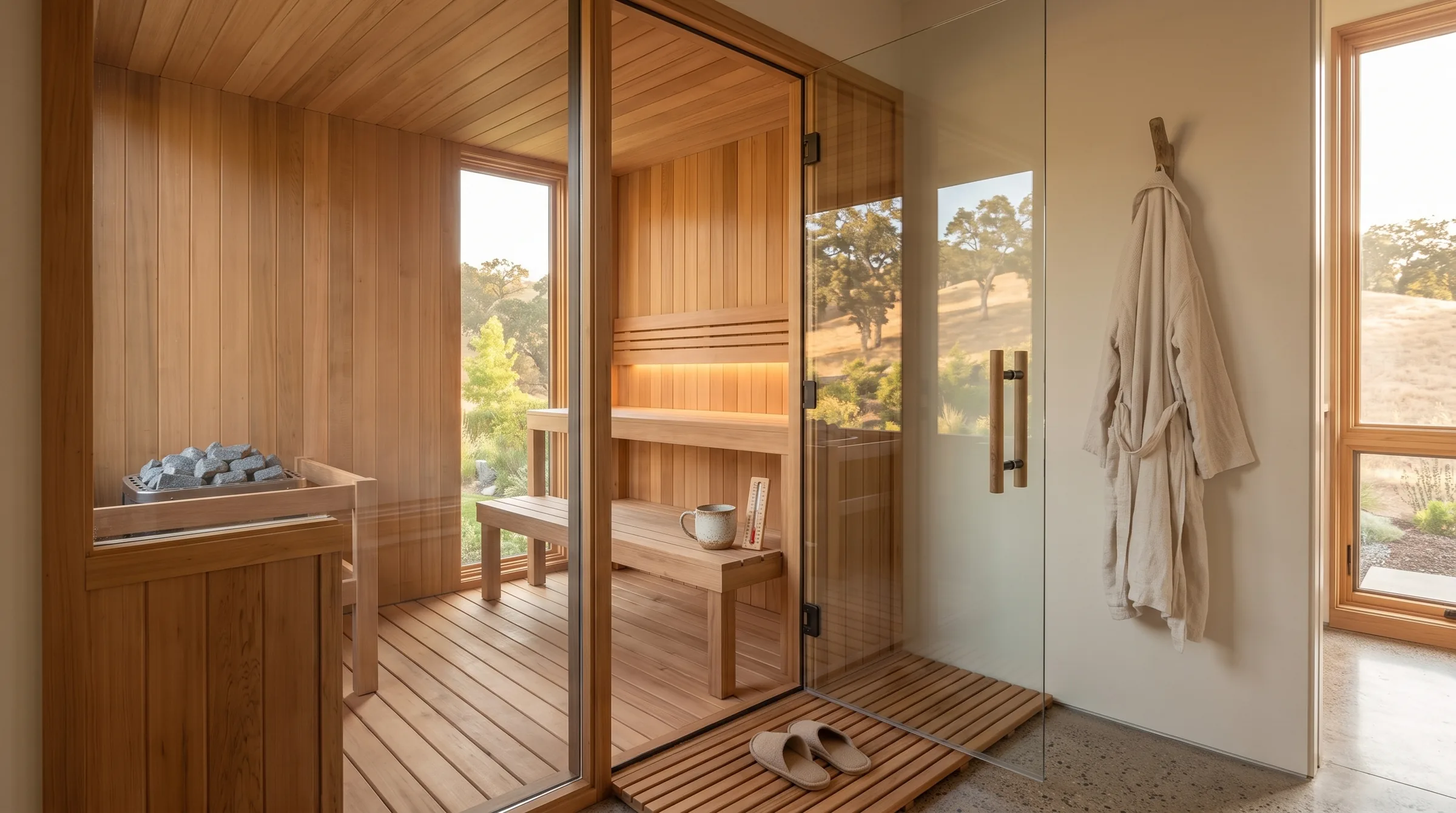 Cedar sauna seen through its open door from a bathroom, robe on a hook
