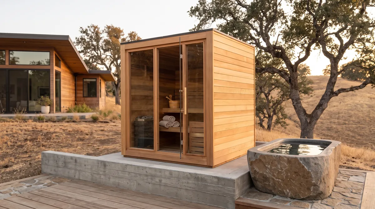 Sauna cabin with its door open, towels on the bench, cold plunge beside it