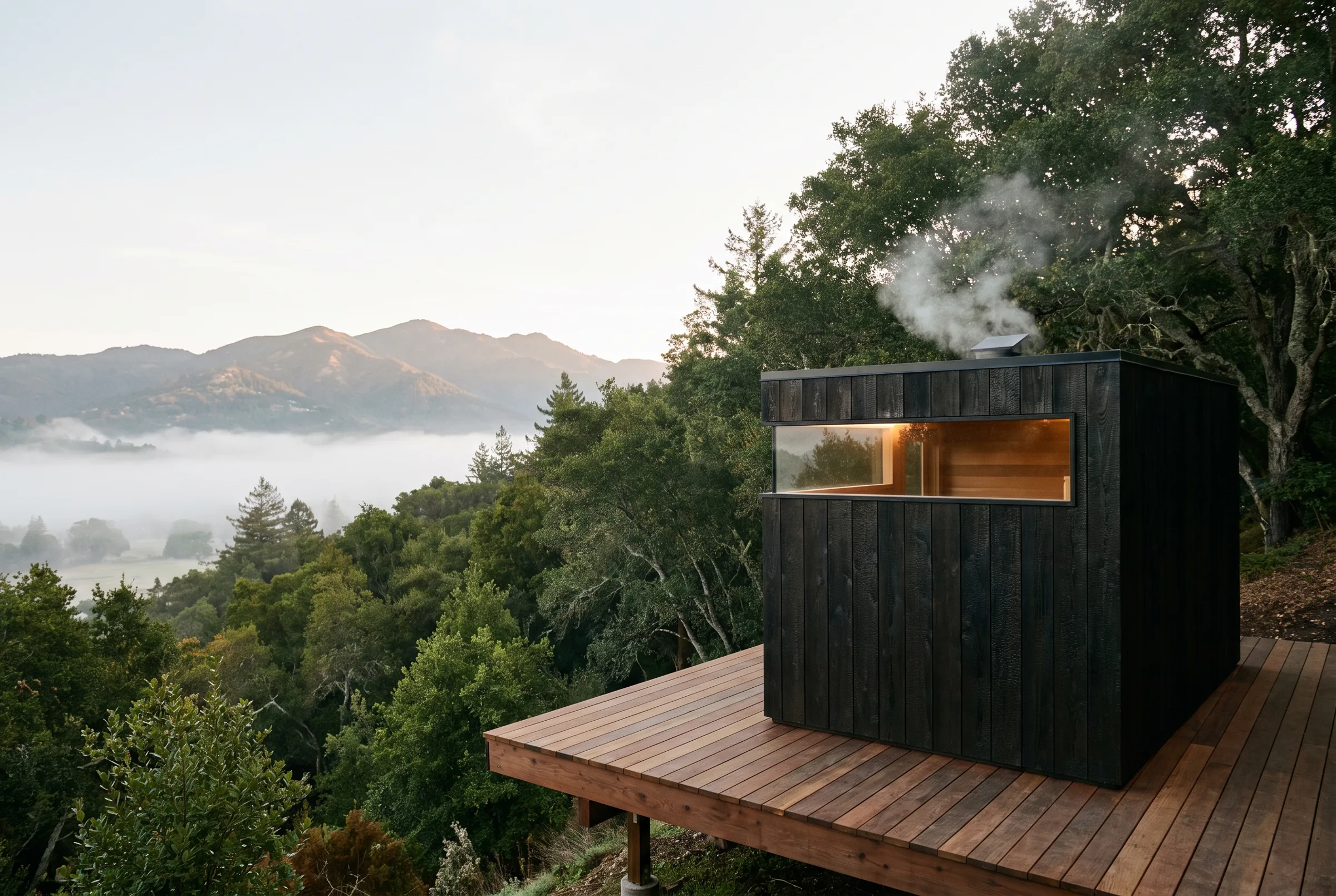 Charred black timber sauna on a cantilevered deck above a fog-filled valley at sunrise