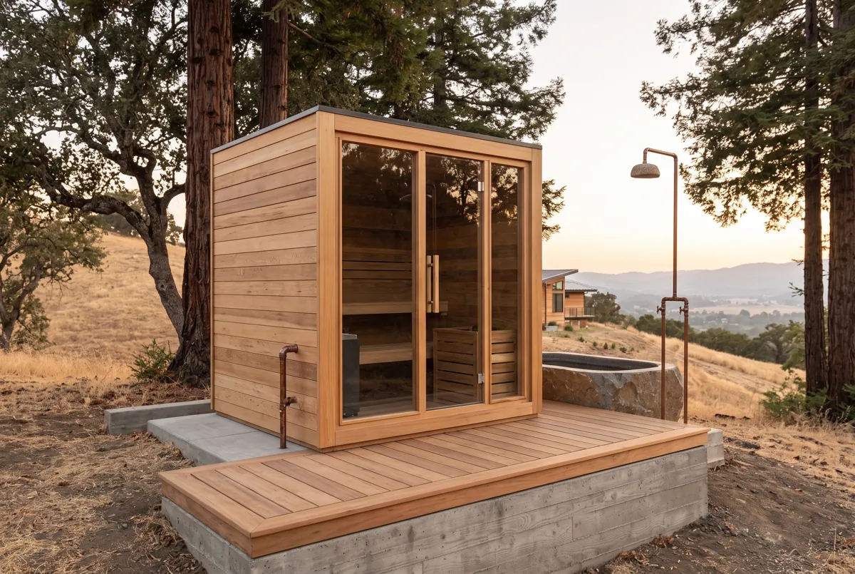 Cedar sauna cabin on a raised deck among redwoods with a valley view