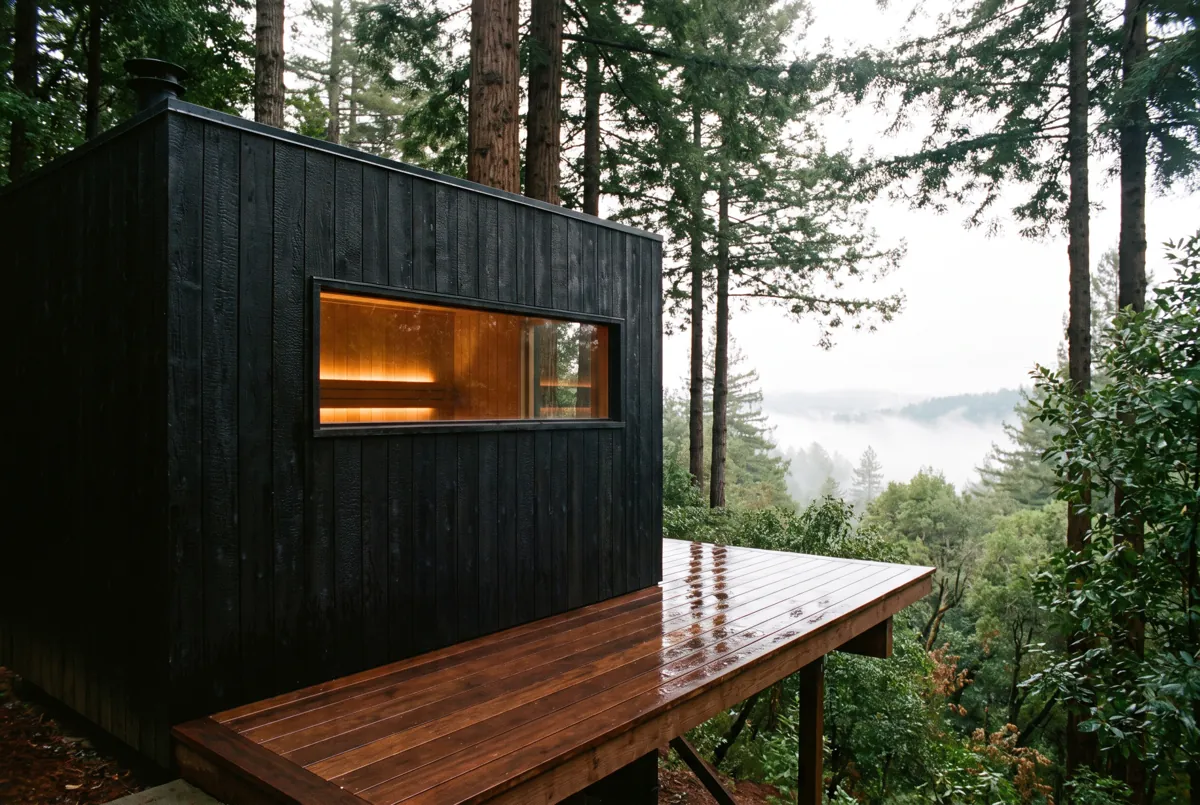 Black timber sauna along a wet hardwood deck among redwoods in morning fog