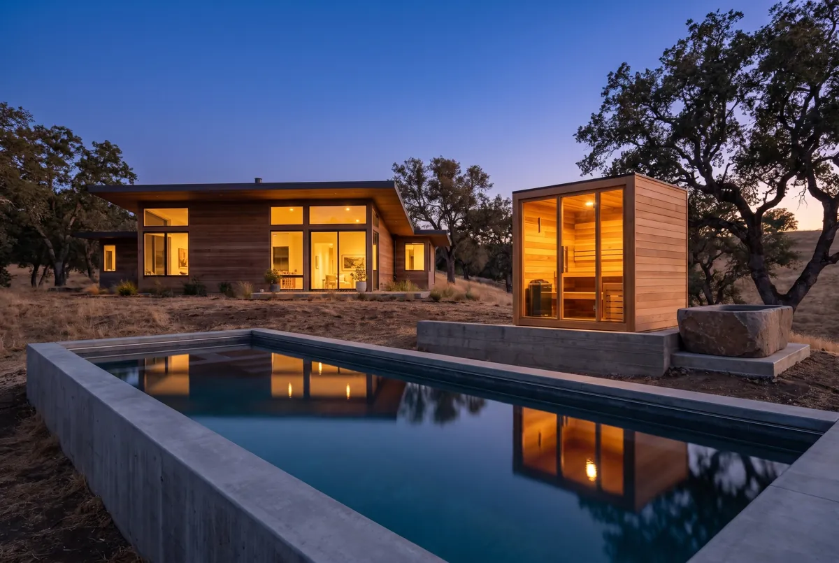 Cedar sauna with a glass wall beside a still pool at dusk