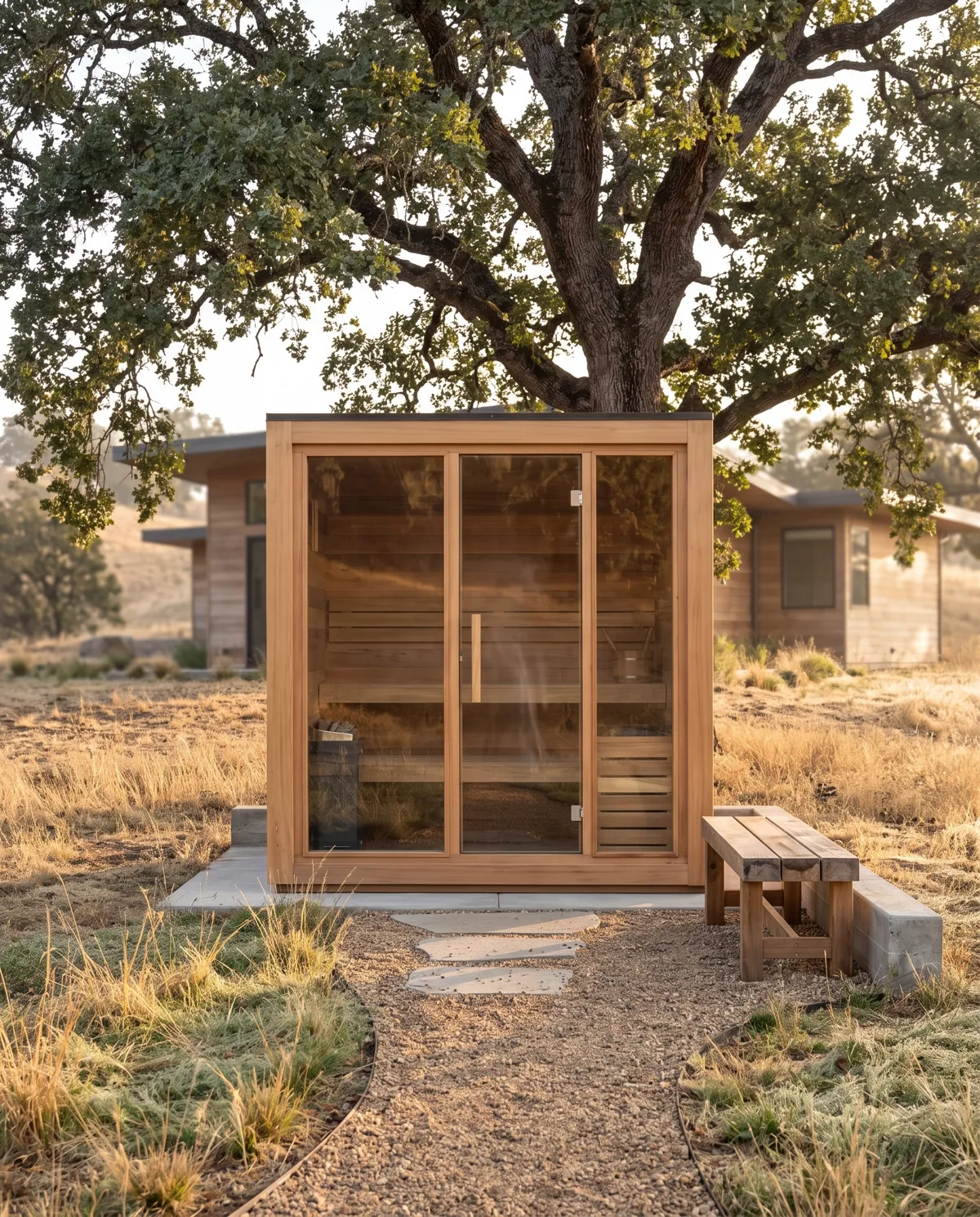 Cedar sauna cabin under a large live oak in morning light