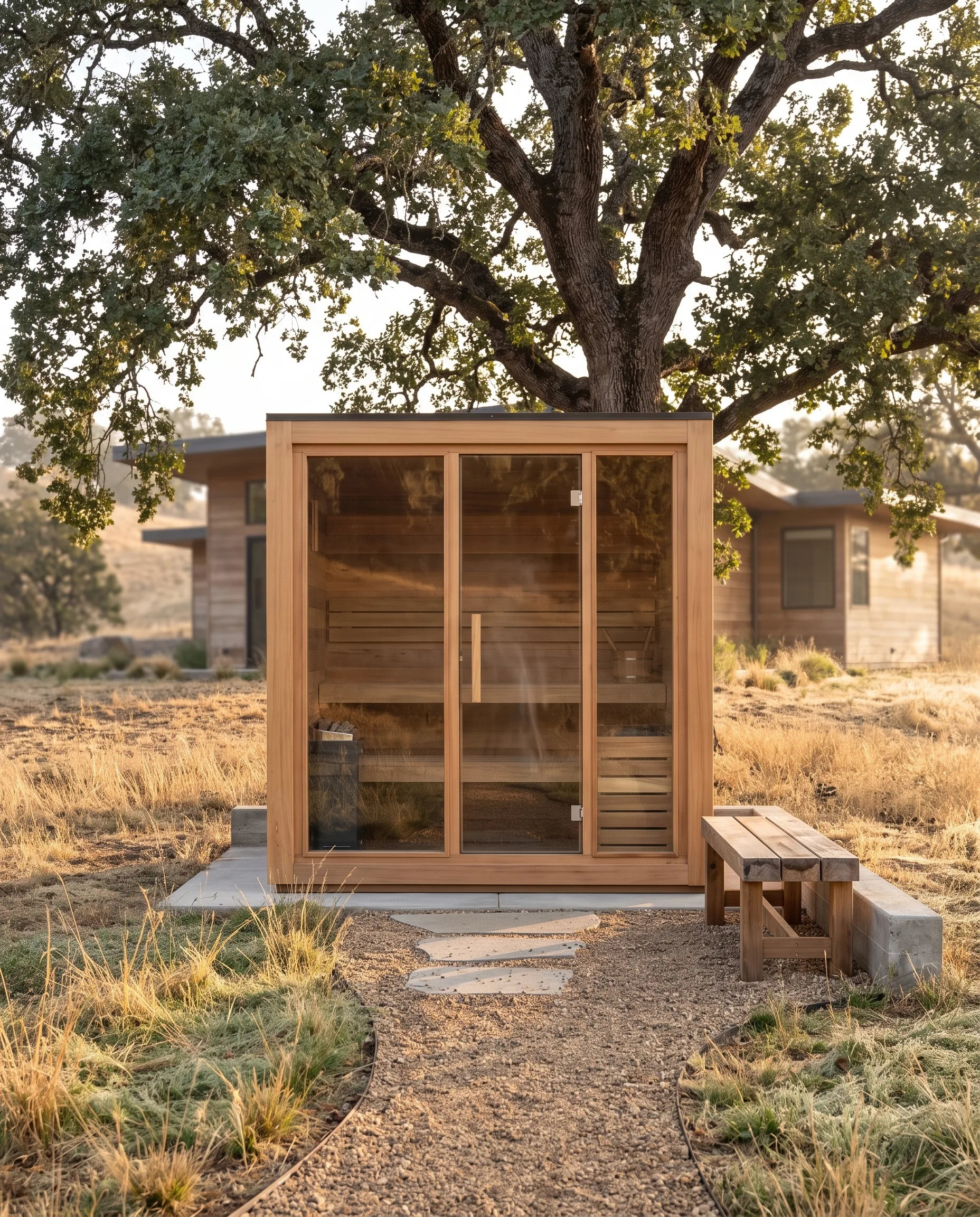 Cedar sauna cabin under a large live oak in morning light
