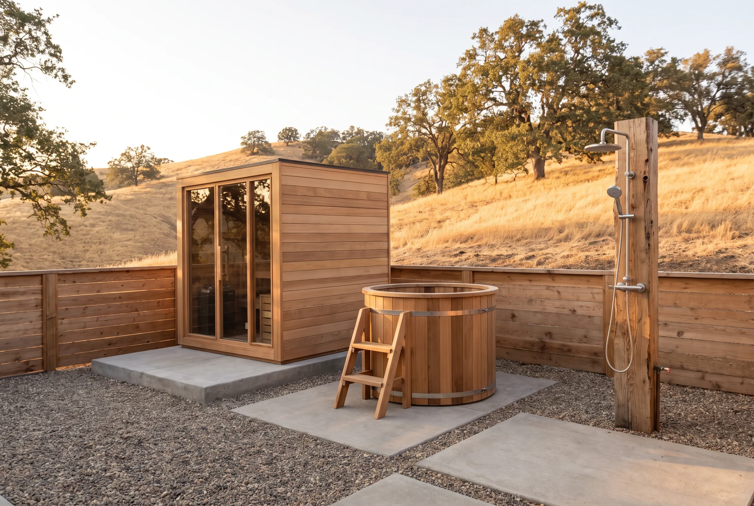Backyard wellness zone: sauna cabin, cedar cold plunge and outdoor shower
