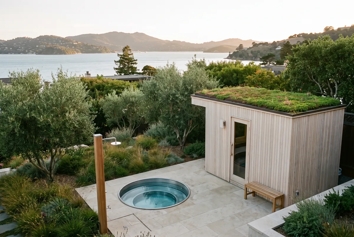 Backyard wellness terrace from above: sauna with a green roof, round cold plunge, shower, bay beyond