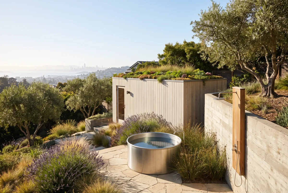 Pale wood sauna with a living roof, a steel cold plunge and an outdoor shower on a terrace above the bay
