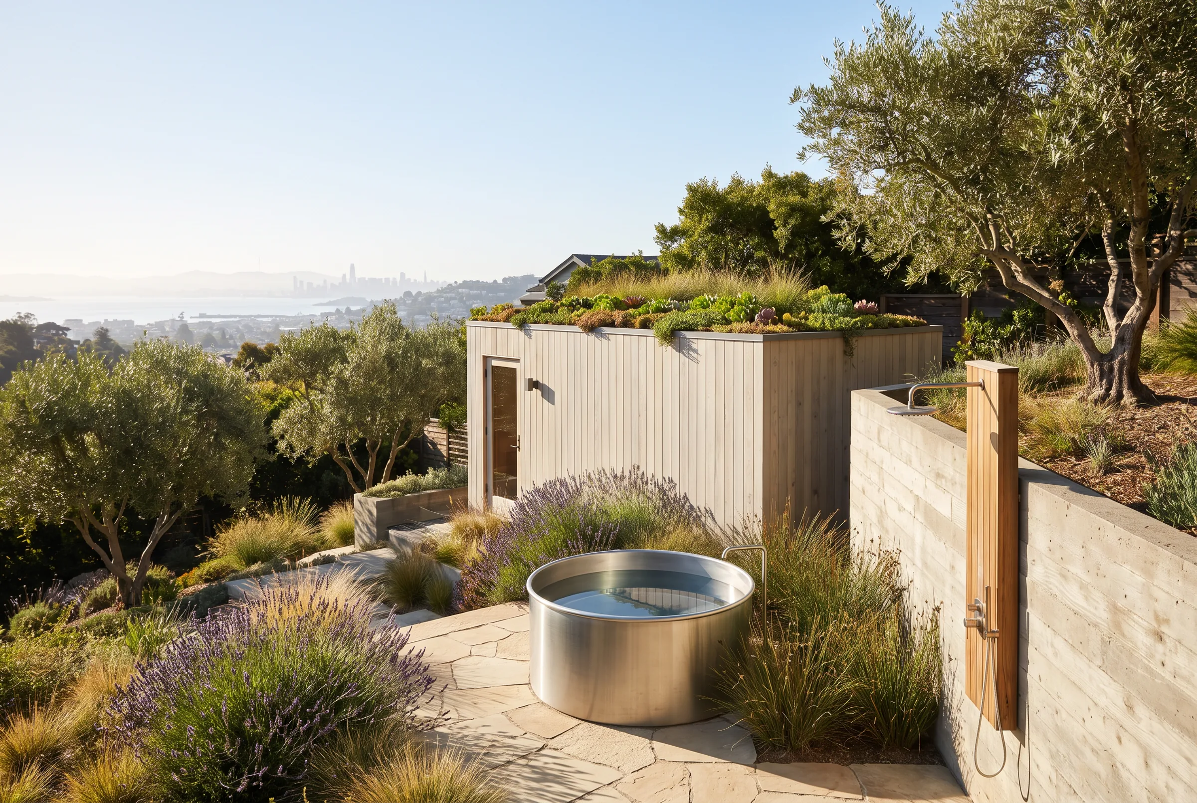 Pale wood sauna with a living roof, a steel cold plunge and an outdoor shower on a terrace above the bay