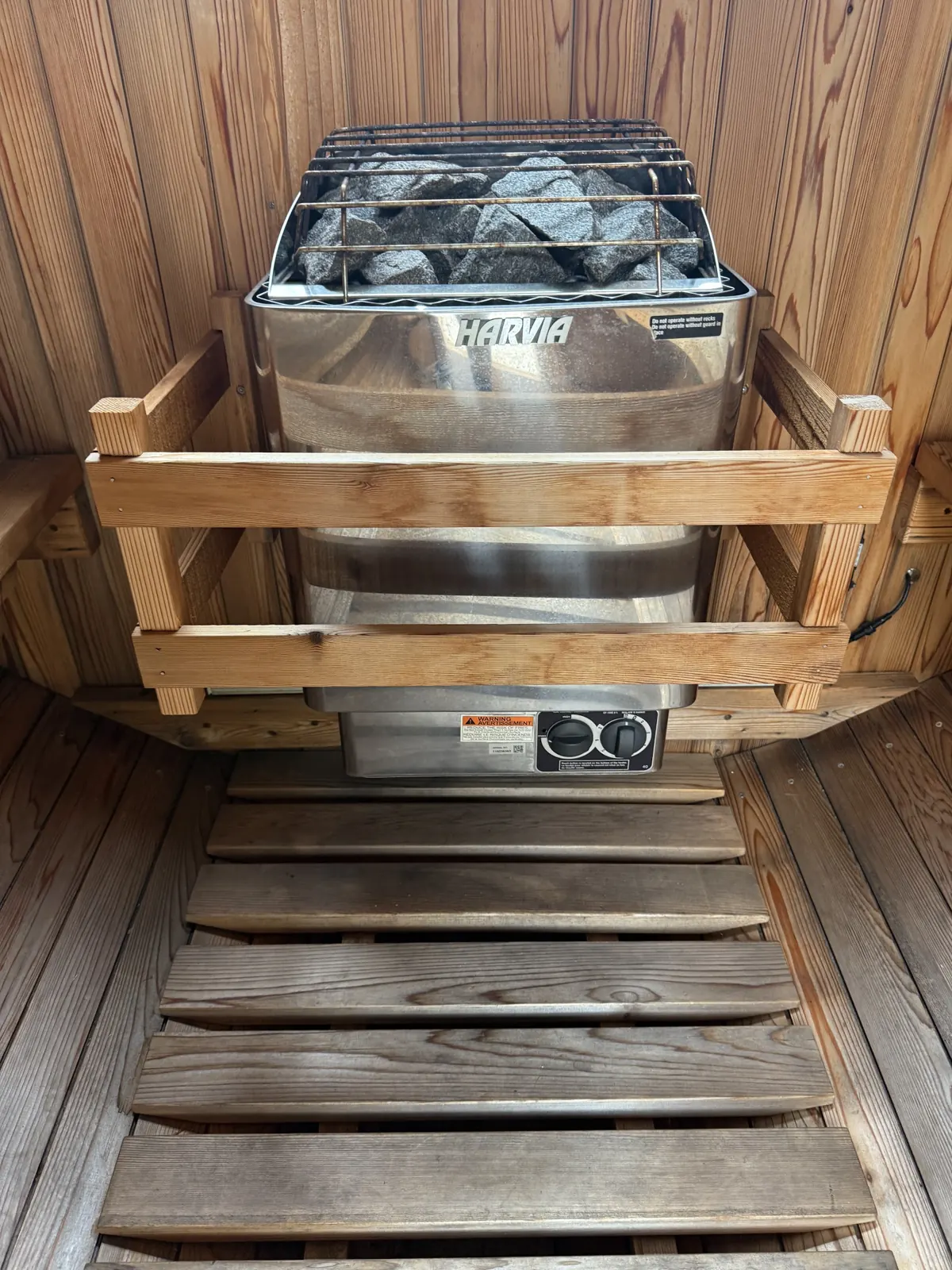 Outdoor barrel sauna on a paver terrace, Hillsborough: photograph 4